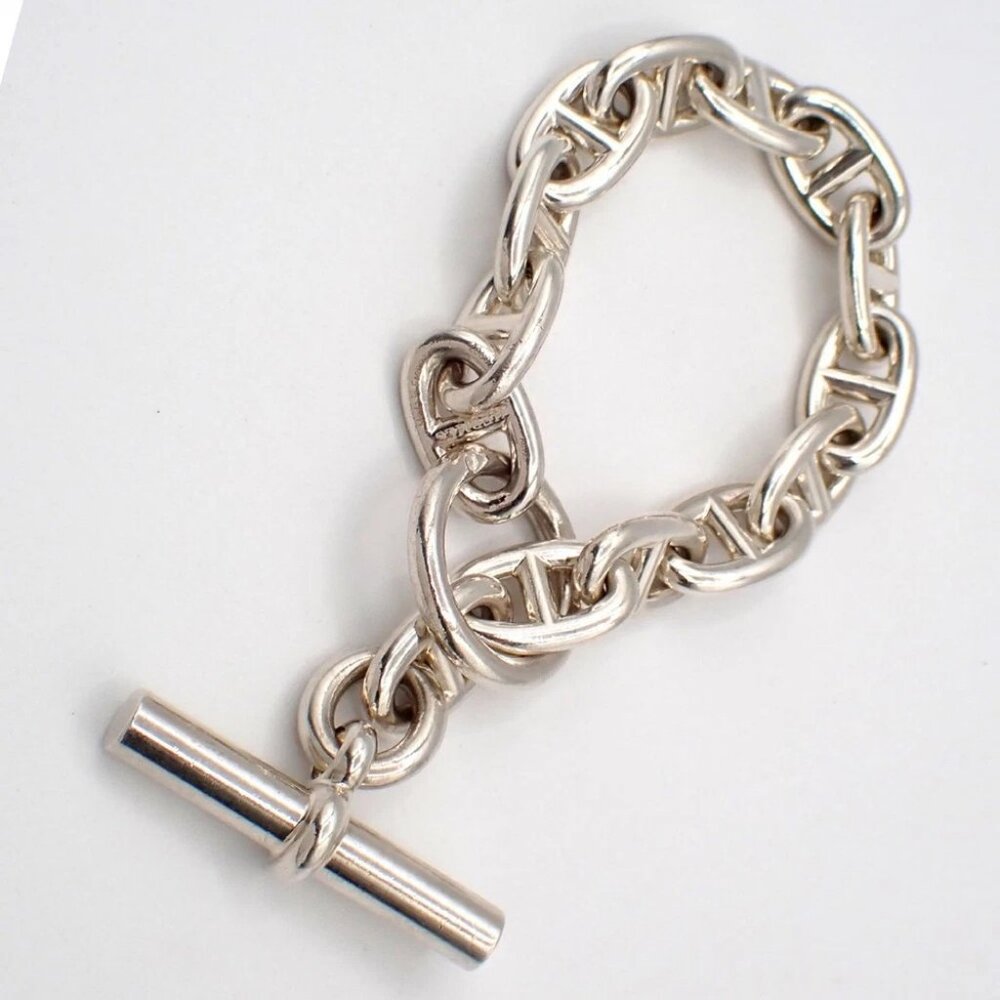 HERMES Logo Chaine D'ancre MM Chain Bracelet 14 Link Ag925 Silver 385LC605